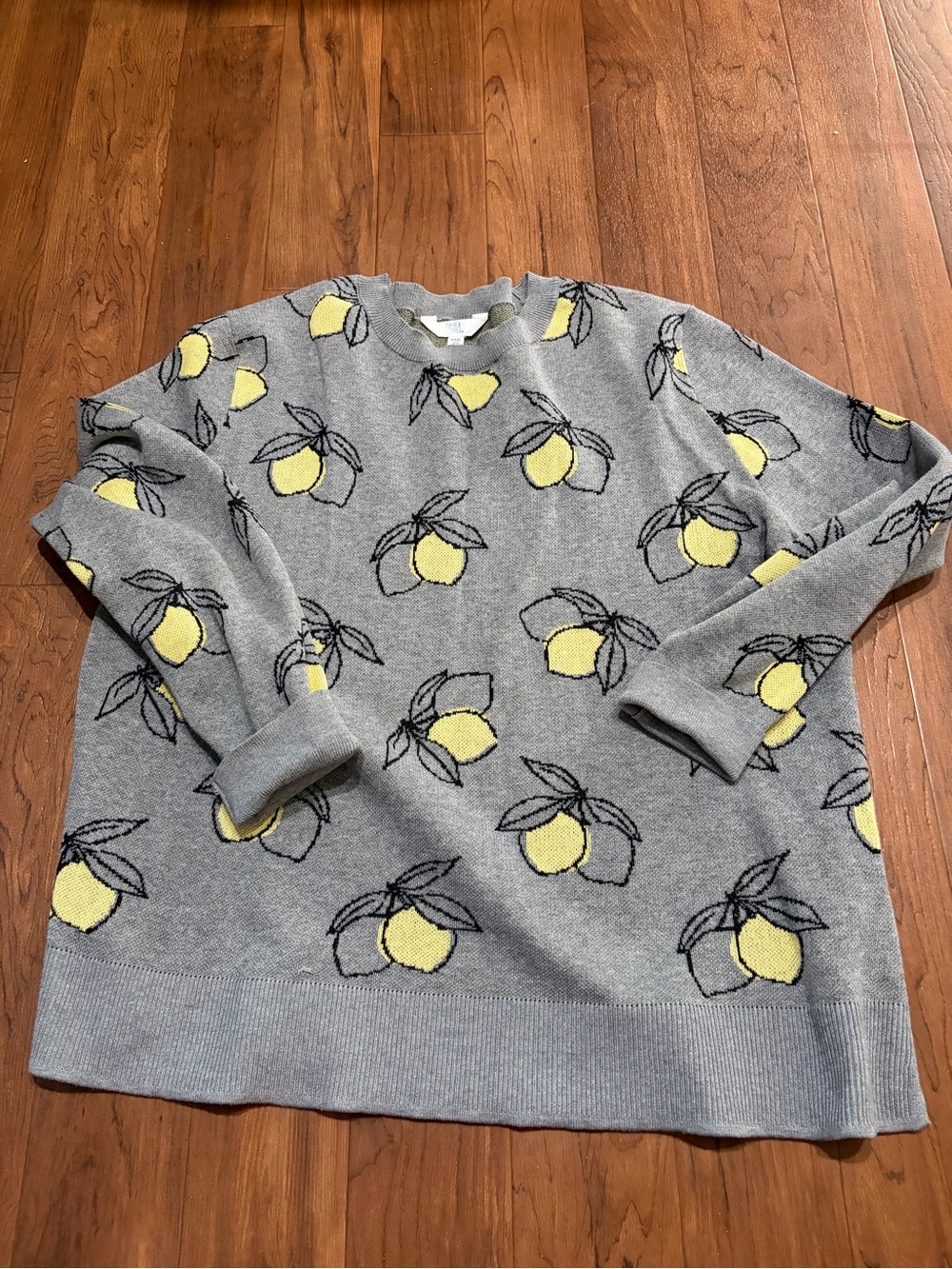 Time and Tru Gray Crewneck Sweater with Yellow Fruit Motif
